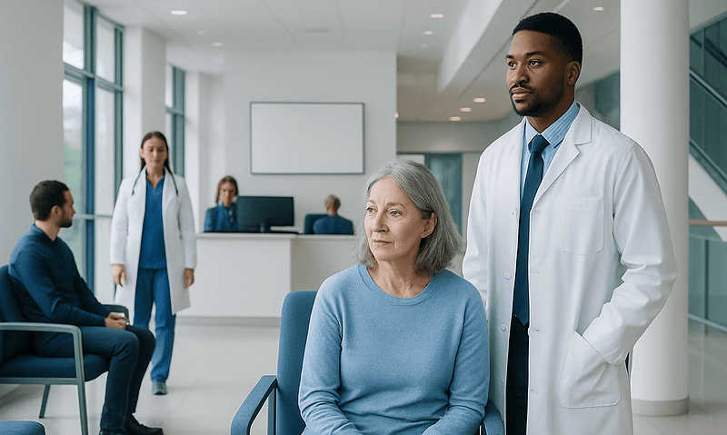 Doctor consulting an elderly woman in a hospital waiting area.