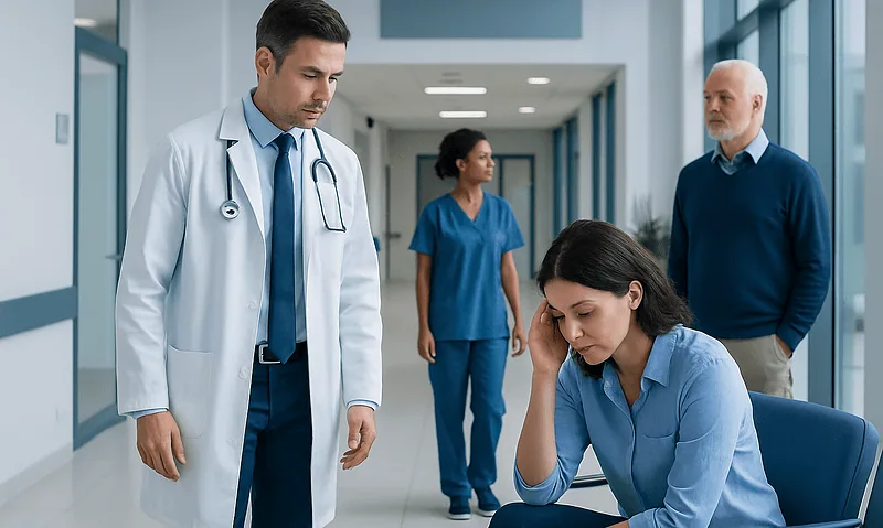 Medical team discussing patient care in hospital corridor.