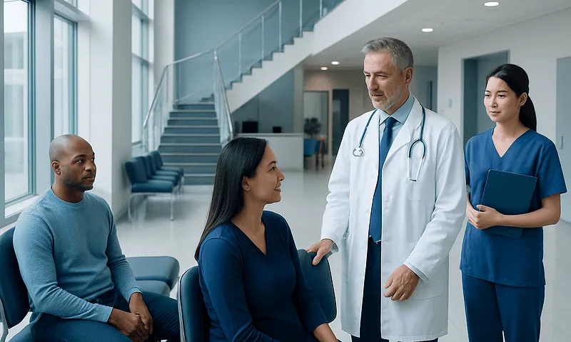 Doctor consulting with patients in a hospital waiting area.