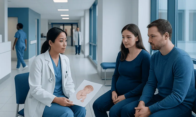 Doctor explaining fetal development to expecting parents in hospital corridor.