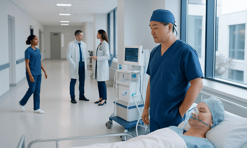 Medical team and patient in hospital corridor with monitoring equipment.