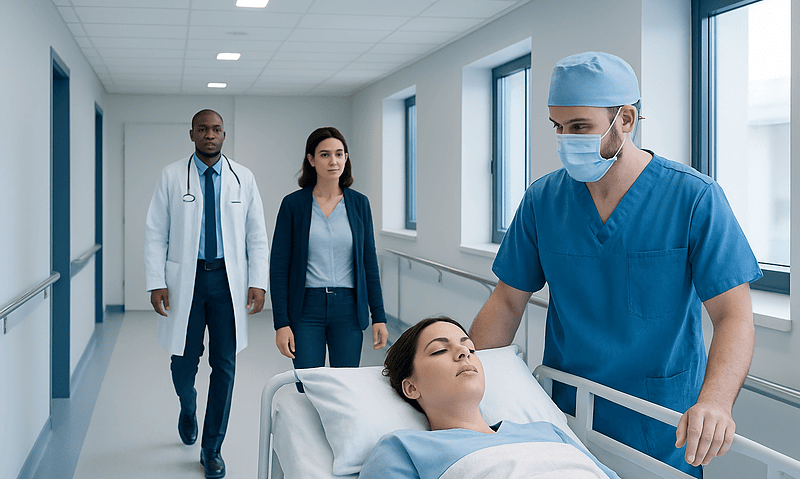 Medical team preparing patient for anesthesia in hospital corridor.