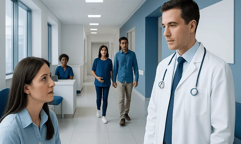 Doctor talking to patient in hospital corridor with medical staff in background.