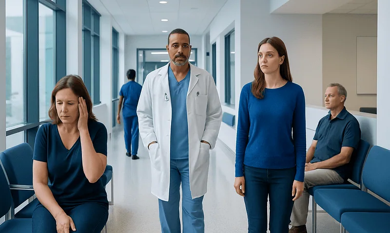 Medical staff and patients in hospital corridor, healthcare setting.