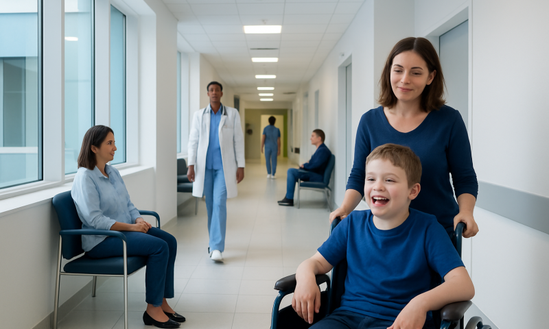 Happy boy in wheelchair with mother in hospital corridor.