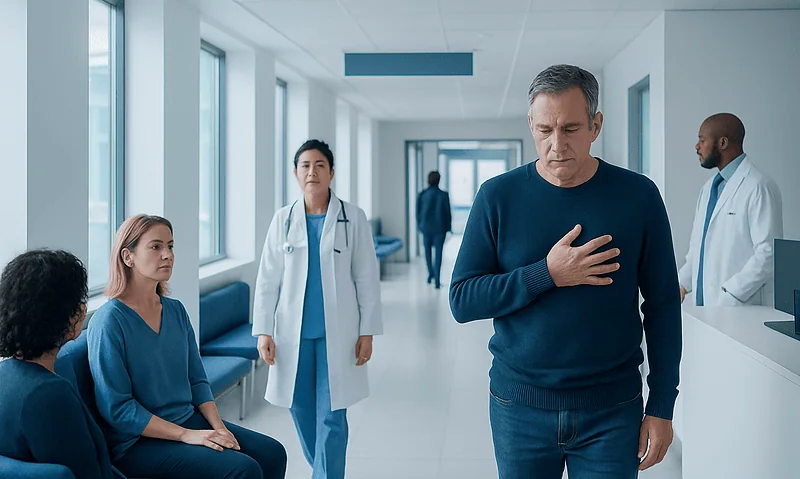 Man experiencing chest pain in hospital corridor with medical staff nearby.