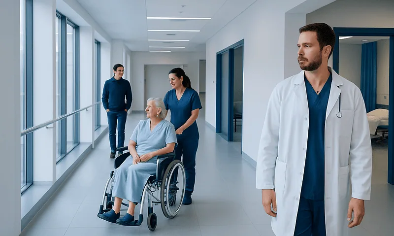 Medical team caring for elderly patient in hospital corridor.