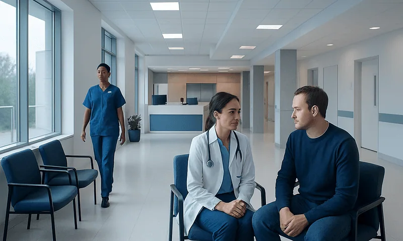 Medical consultation in a modern hospital corridor with doctor and patient.