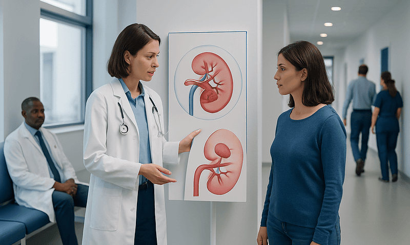Doctor explaining kidney anatomy to patient in hospital corridor.