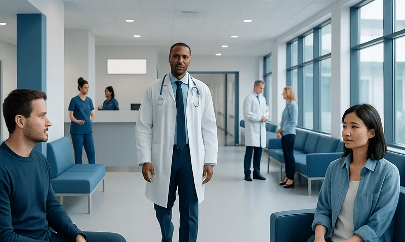 Medical consultation in a modern hospital waiting area with doctors and patients.