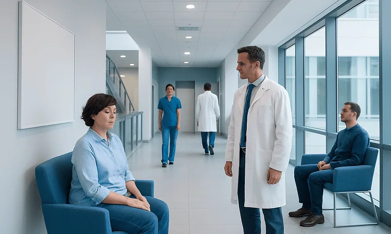 Doctor consulting patient in hospital corridor with waiting area.