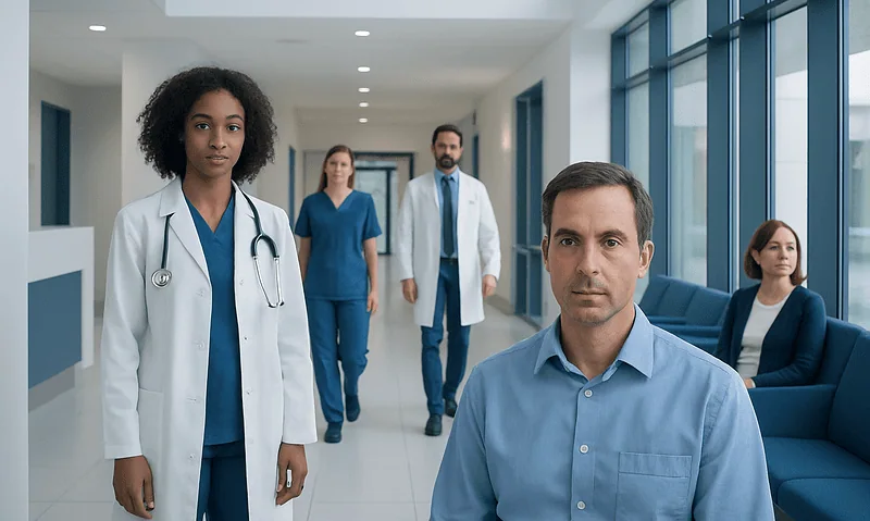 Medical team in hospital corridor with doctor and patients at Acibadem Hospitals.
