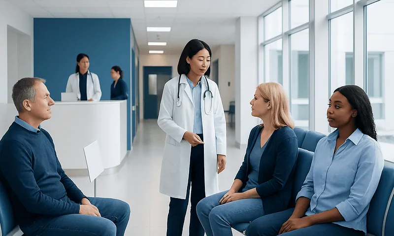 Doctor consulting with patients in a modern hospital waiting area.