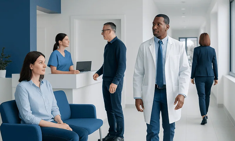 Medical professionals and patient in a hospital corridor at Acibadem Hospitals Group.