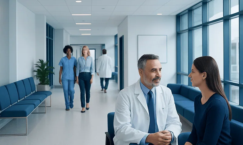 Doctor consulting with a patient in a modern hospital corridor.