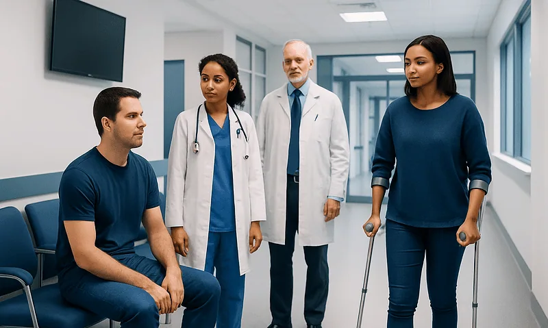 Medical consultation with healthcare professionals in a hospital corridor.