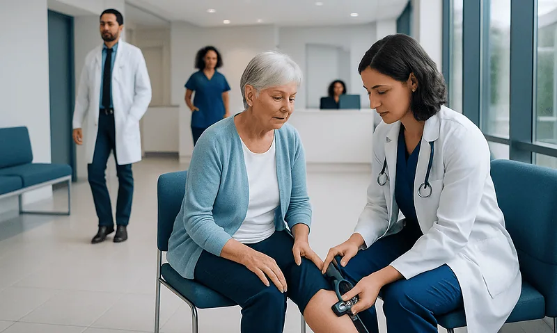 Doctor measuring elderly woman's blood pressure in a hospital setting.