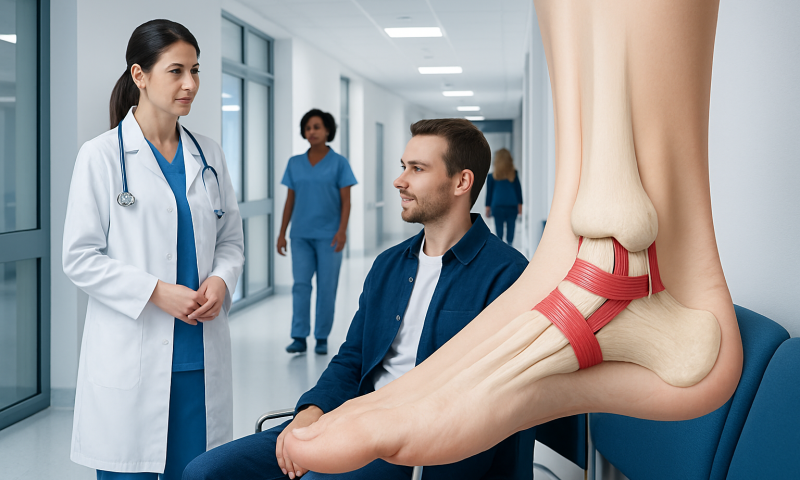 Medical consultation for ankle ligament injury at a hospital.