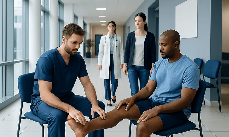 Physiotherapist examining patient's ankle in a hospital corridor.