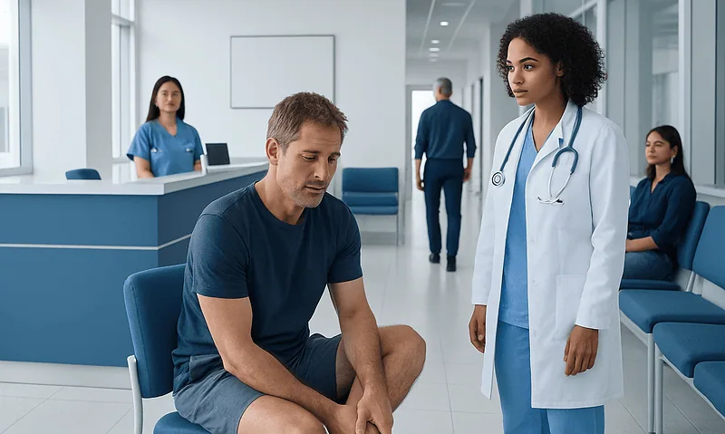Patient consulting with doctor in hospital waiting area.