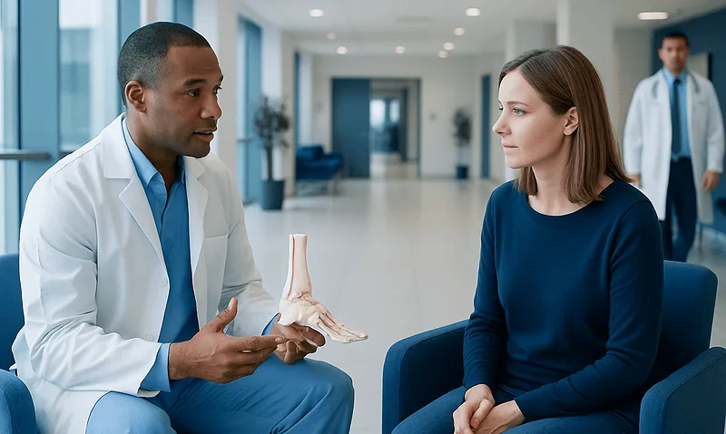 Doctor explaining ankle anatomy to patient in hospital corridor.
