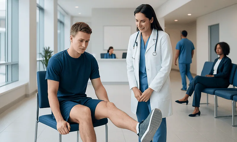 Patient receiving ankle examination from healthcare professional in clinic.