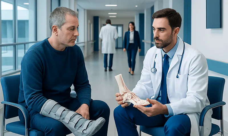 Orthopedic consultation with a doctor explaining ankle anatomy to a patient.
