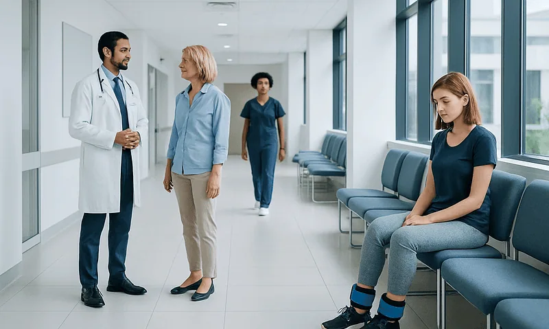 Young woman with ankle weights sitting in hospital corridor.