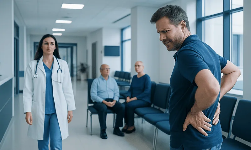 Patient experiencing back pain during a medical consultation at Acibadem Hospital.
