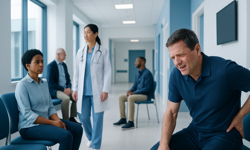 Patient experiencing back pain in a hospital waiting area.