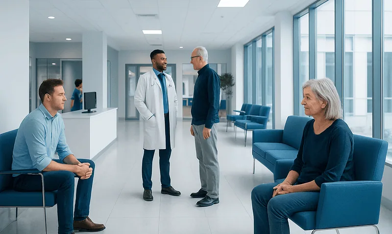 Doctor consulting with elderly patient in hospital corridor.
