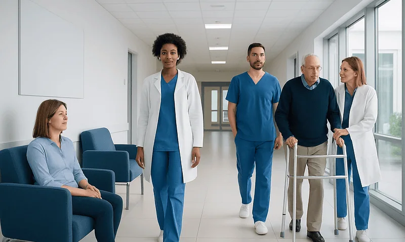 Annatto: A Complete Medical Overview 3 Medical team walking in hospital corridor with patient sitting nearby.