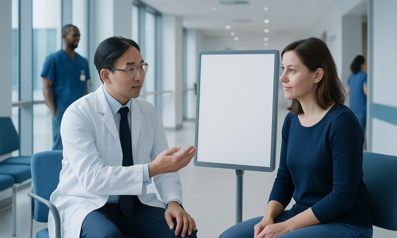 Doctor explaining anorectal manometry to a patient in a hospital setting.