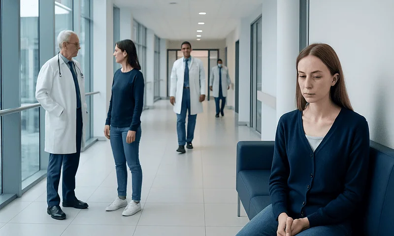 Young woman waiting in hospital corridor with doctors and staff nearby.