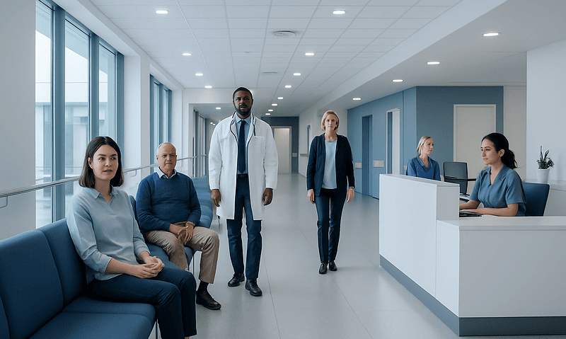Anoro Ellipta: An Evidence-Based Guide for Patients 6 Medical team waiting in a modern hospital corridor with a reception desk.