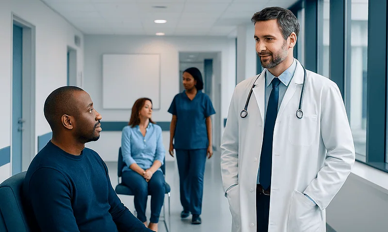 Doctor consulting patient in a hospital corridor with medical staff in background.