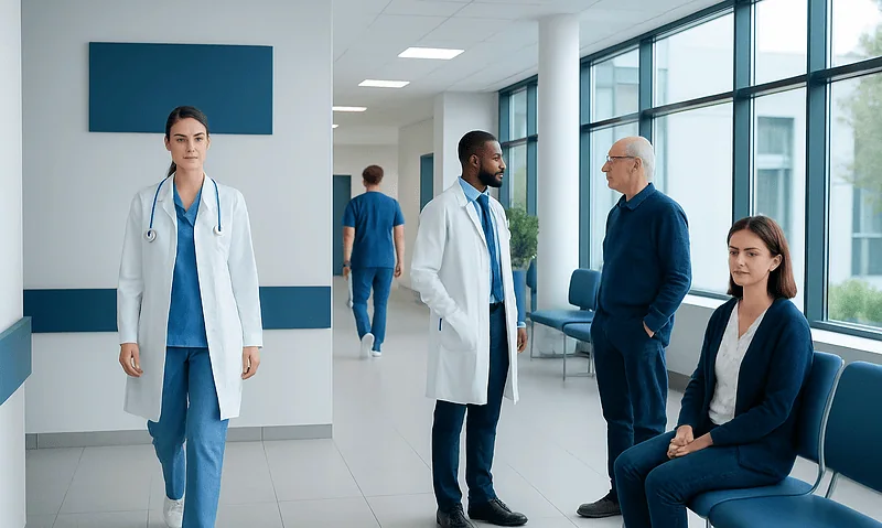 Medical professionals and patient in a hospital corridor at Acibadem Hospitals Group.