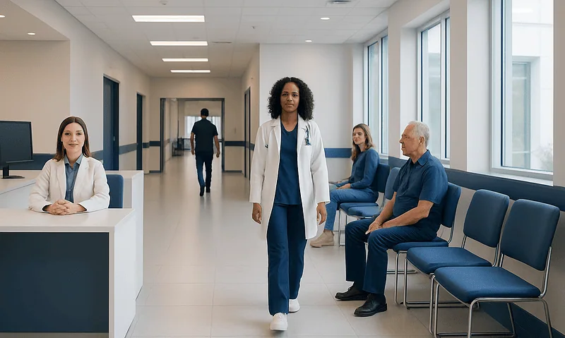 Healthcare professionals and patients in a modern hospital corridor.