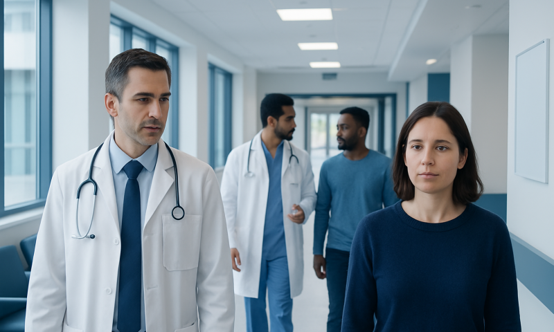 Medical team discussing patient care in hospital corridor.