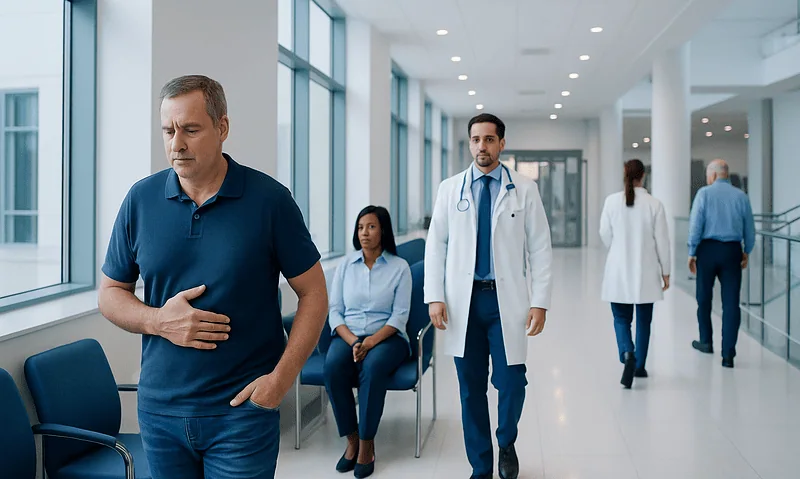 Patient experiencing stomach discomfort in hospital corridor.