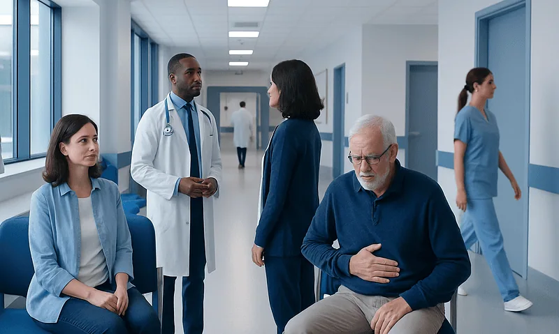 Patient experiencing stomach pain in hospital waiting area with medical staff nearby.