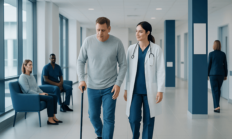 Patient walking with crutches guided by a healthcare professional in hospital corridor.