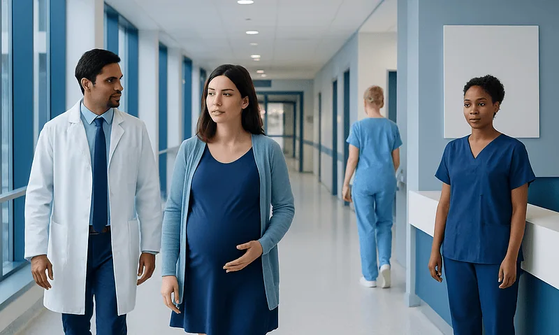 Pregnant woman walking with medical staff in hospital corridor.