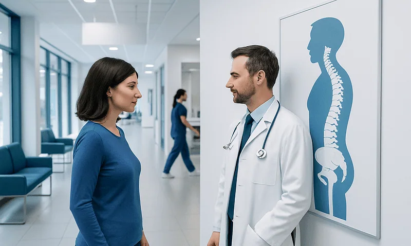 Doctor discussing spinal health with patient in hospital corridor.