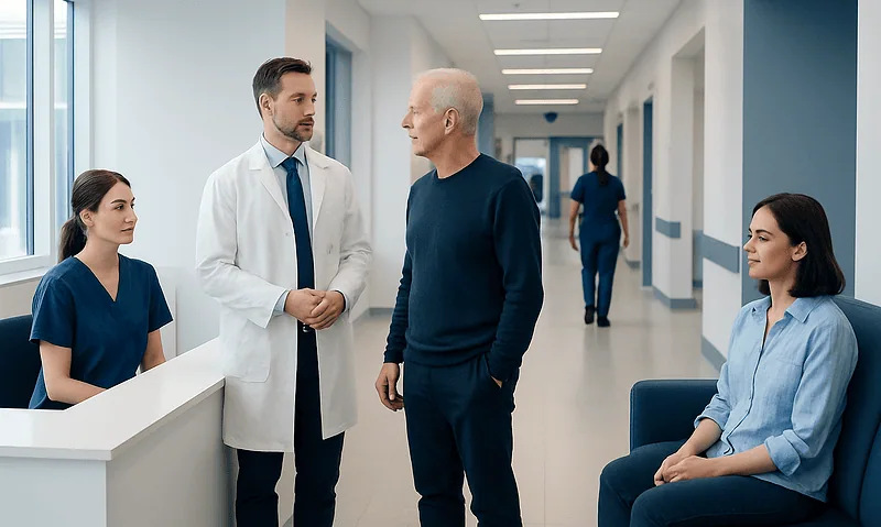 Doctor consulting with elderly patient in hospital corridor.