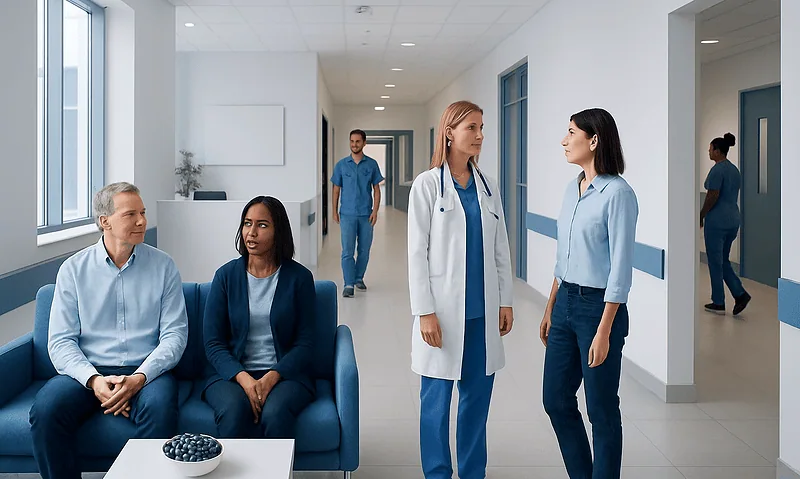 Medical staff and patients in a hospital corridor at Acibadem Hospitals Group.