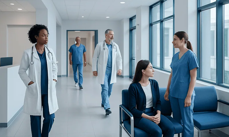 Medical team in hospital corridor with patient and staff members.