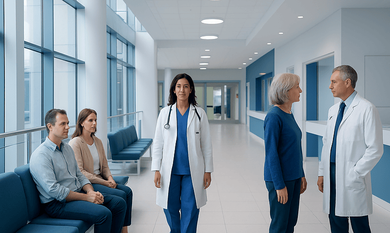 Medical professionals and patients in a modern hospital corridor.