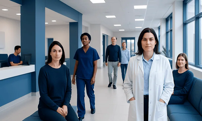 Medical team at Acibadem Hospital in a modern, well-lit corridor.
