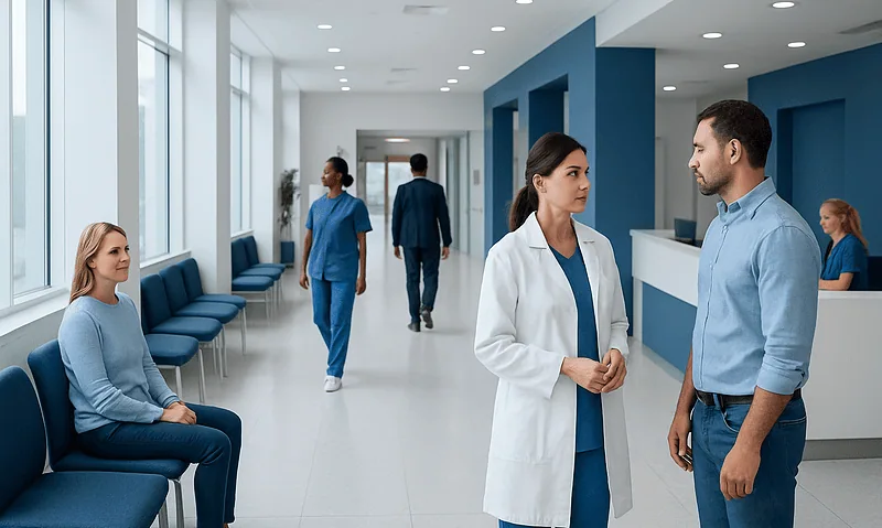 Hospital corridor with medical staff and patients in a modern healthcare facility.